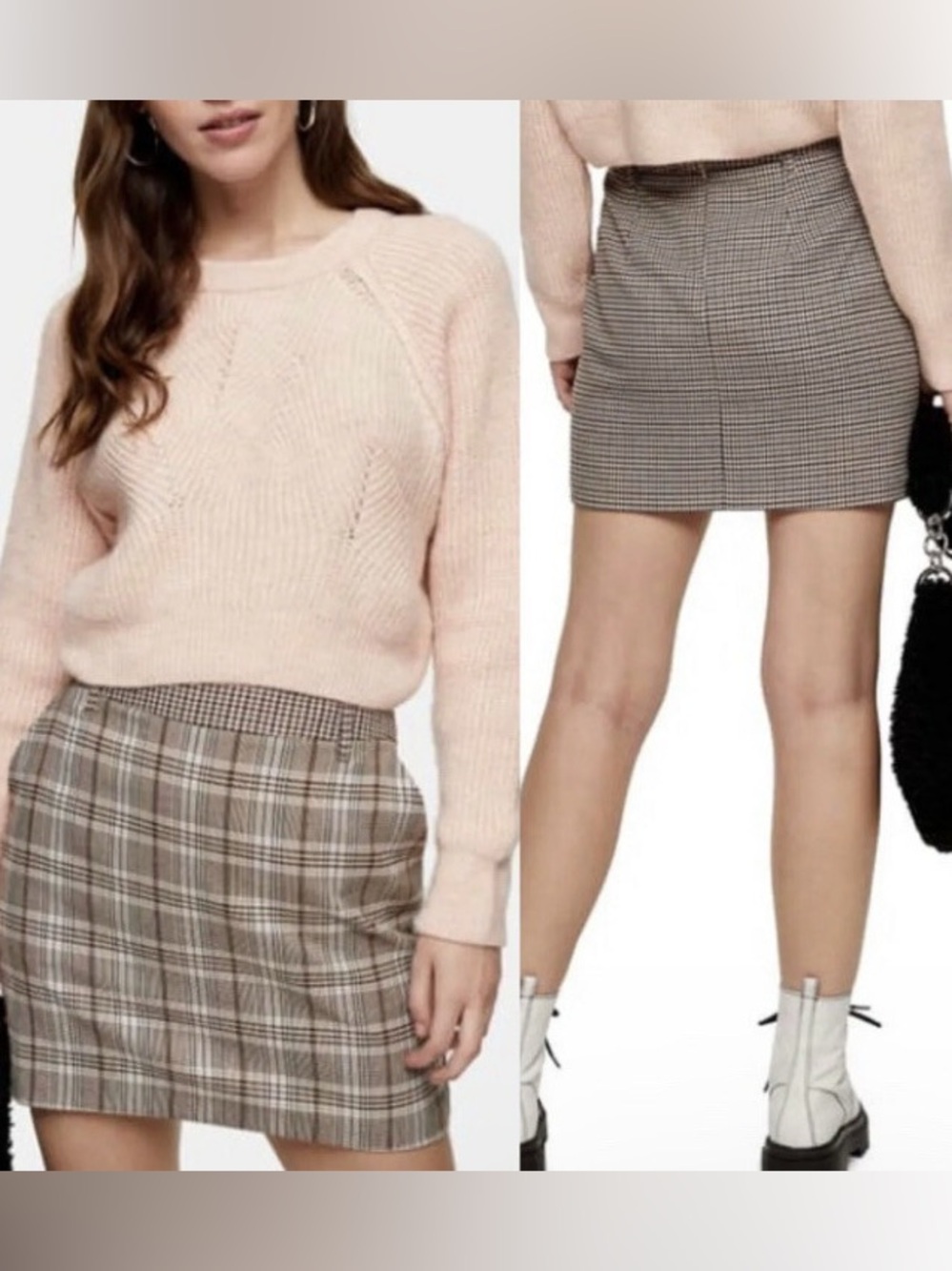 Topshop Mix Check Jojo Plaid and Houndstooth Brown Mini Skirt Size 6